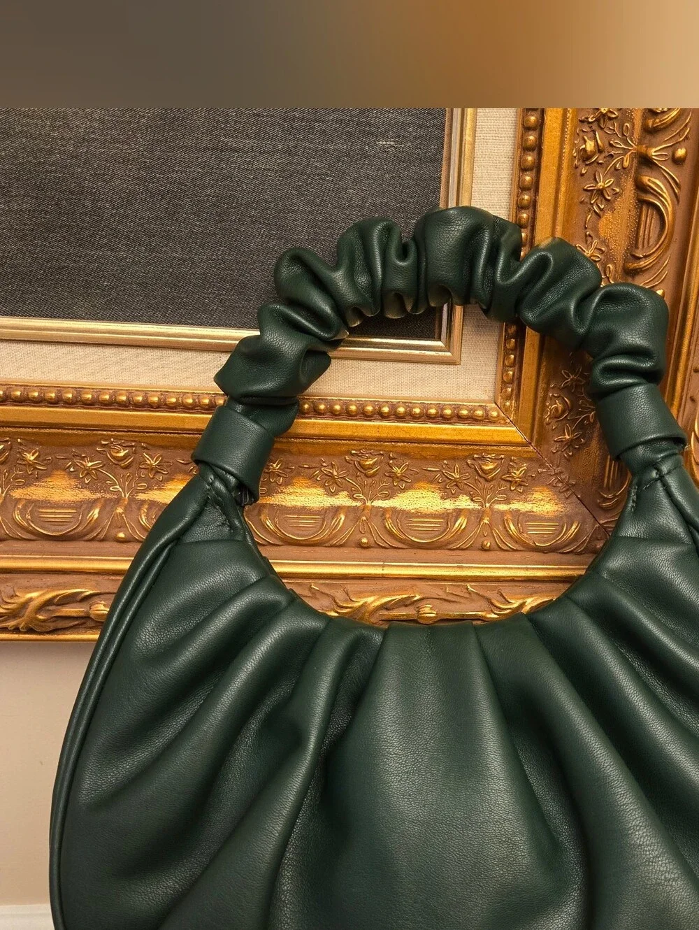 Ruched Hobo Bag Dark Green Pleated Shoulder Purse Scrunchie Handle Minimalist